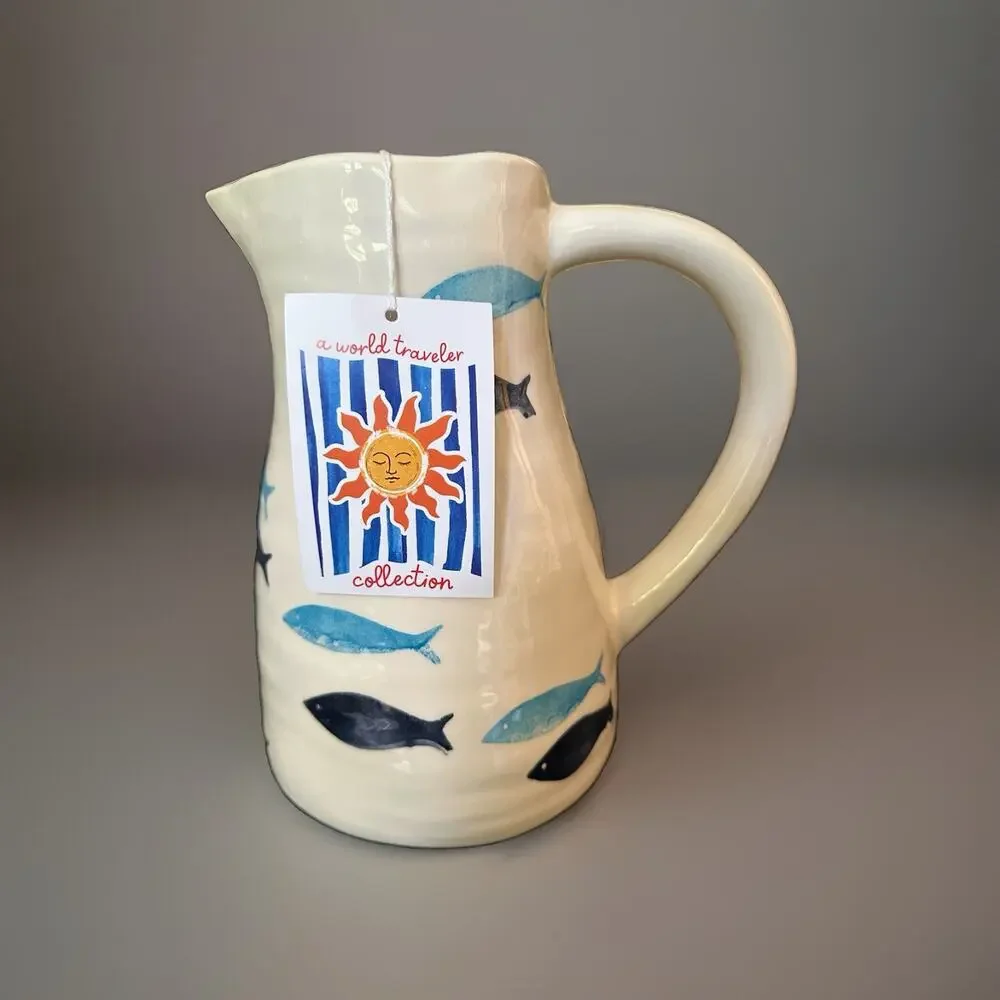 New White Pitcher Cobalt & Aqua Blue Sardine Fish Motif Handmade In Portugal 9”